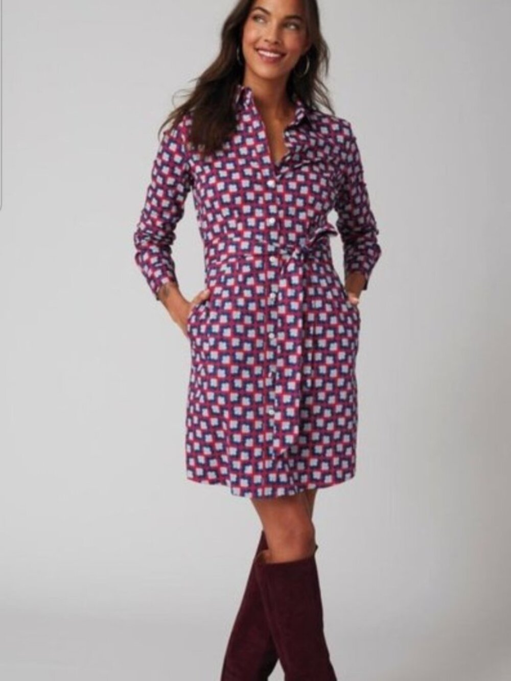 Untuckit For Her Sydney Printed Stretch Cotton Shirt Dress with belt L/S size 8